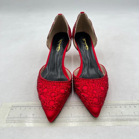 XYD Red Pointed Toe D\'Orsay Kitten Low Heel Rhinestone Studs Slip-On Pumps main image 4